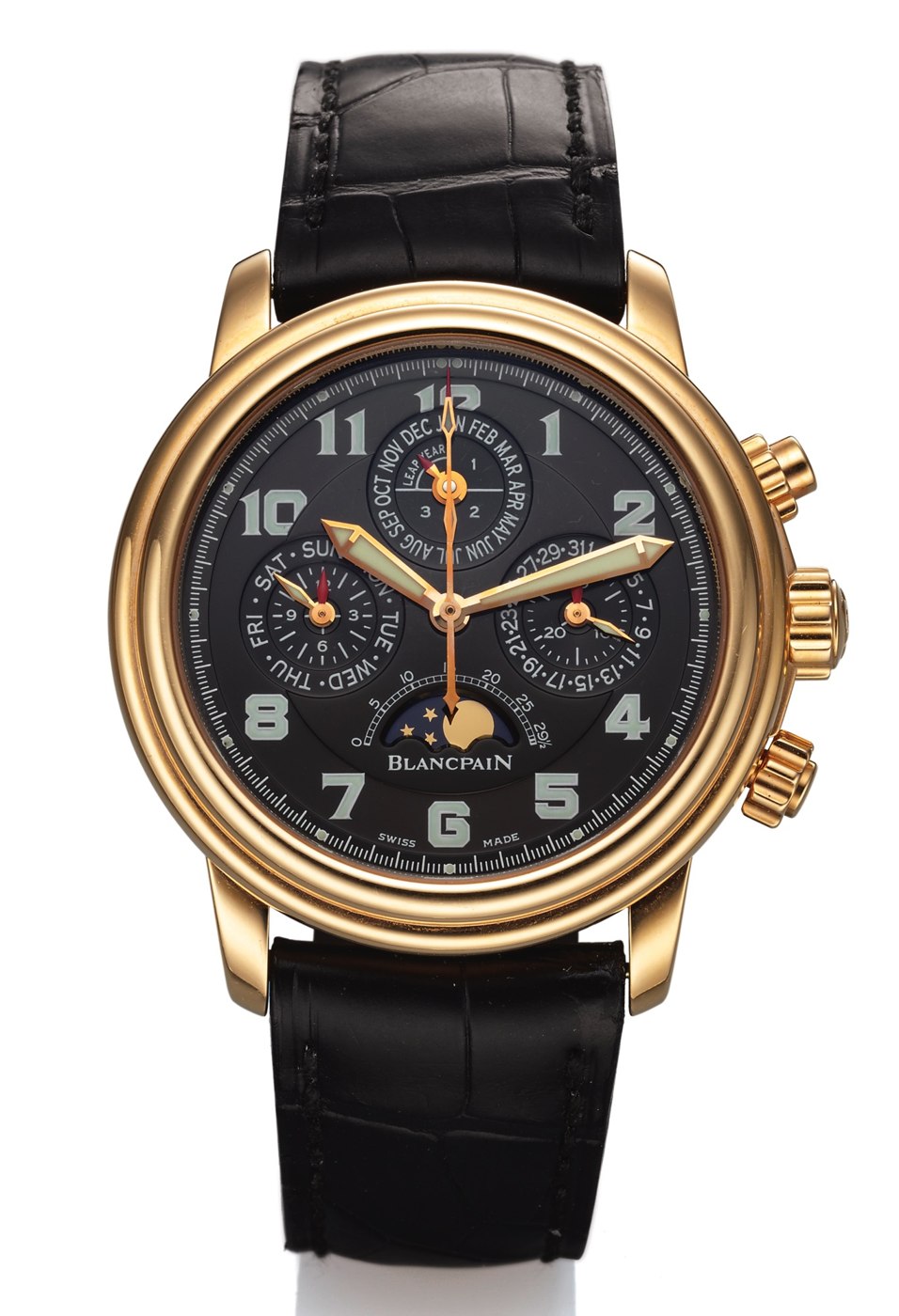 Front view of the Blancpain Chronograph Perpetual Calendar in 18K pink gold with black dial.