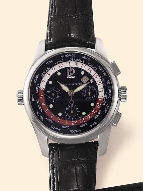 The Girard-Perregaux ww.tc World Time Chronograph shown from the dial side, featuring the revolving city ring and day/night indicator.