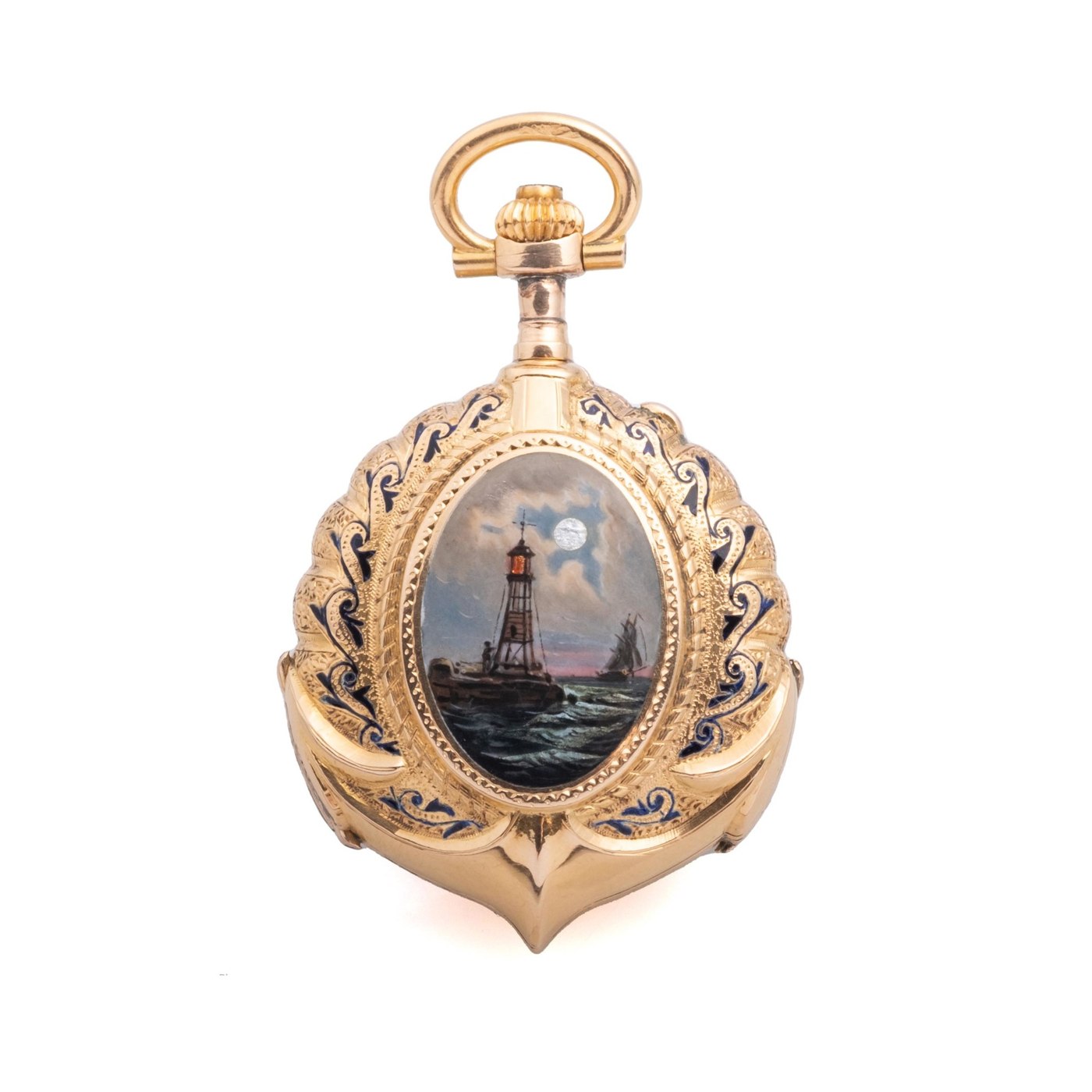 Exterior view of the anchor-shaped case with a lighthouse scene, circa 1860.