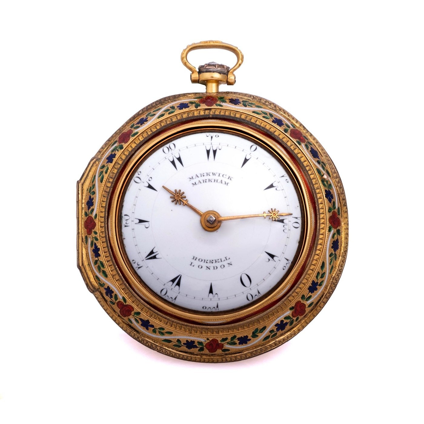 Triple case pocket watch for the Turkish market, showing the dial, pierced outer case, and maritime enamel middle case.