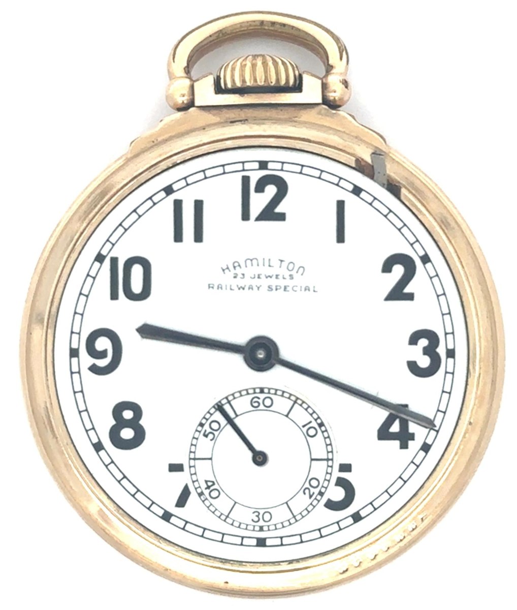 Front view of the open face Hamilton Railway Special pocket watch showing dial, hands, and bow