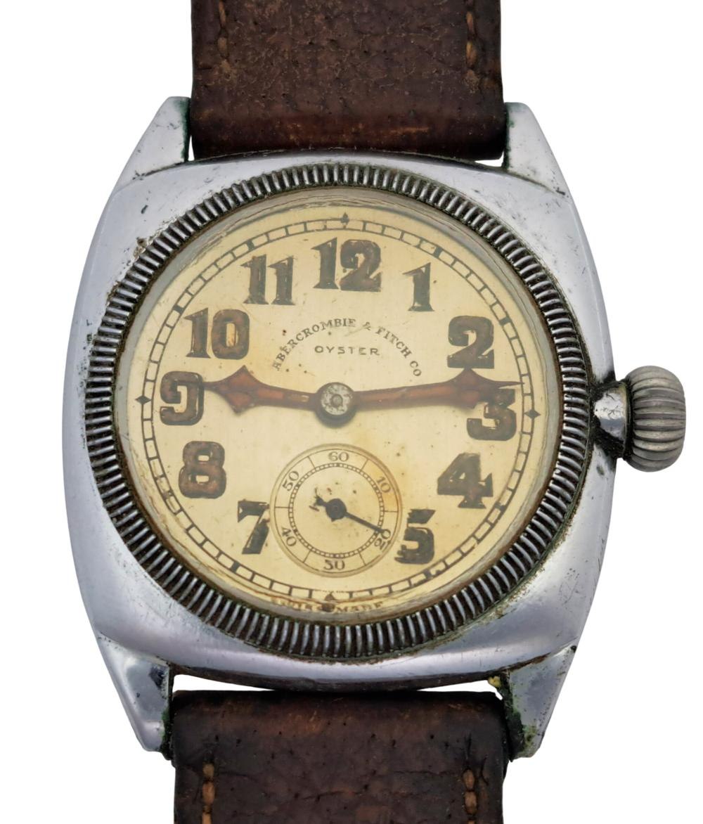 Front view of the Oyster Watch Co. Abercrombie & Fitch cushion wristwatch with cream dial and leather strap