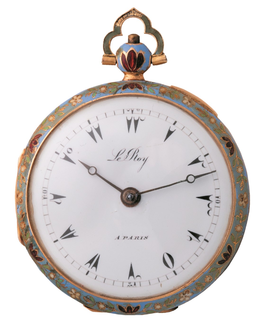 Front view of the Le Roy pocket watch showing the dial with Turkish numerals and the enamel bezel; note 'A PARIS' signature on the dial.