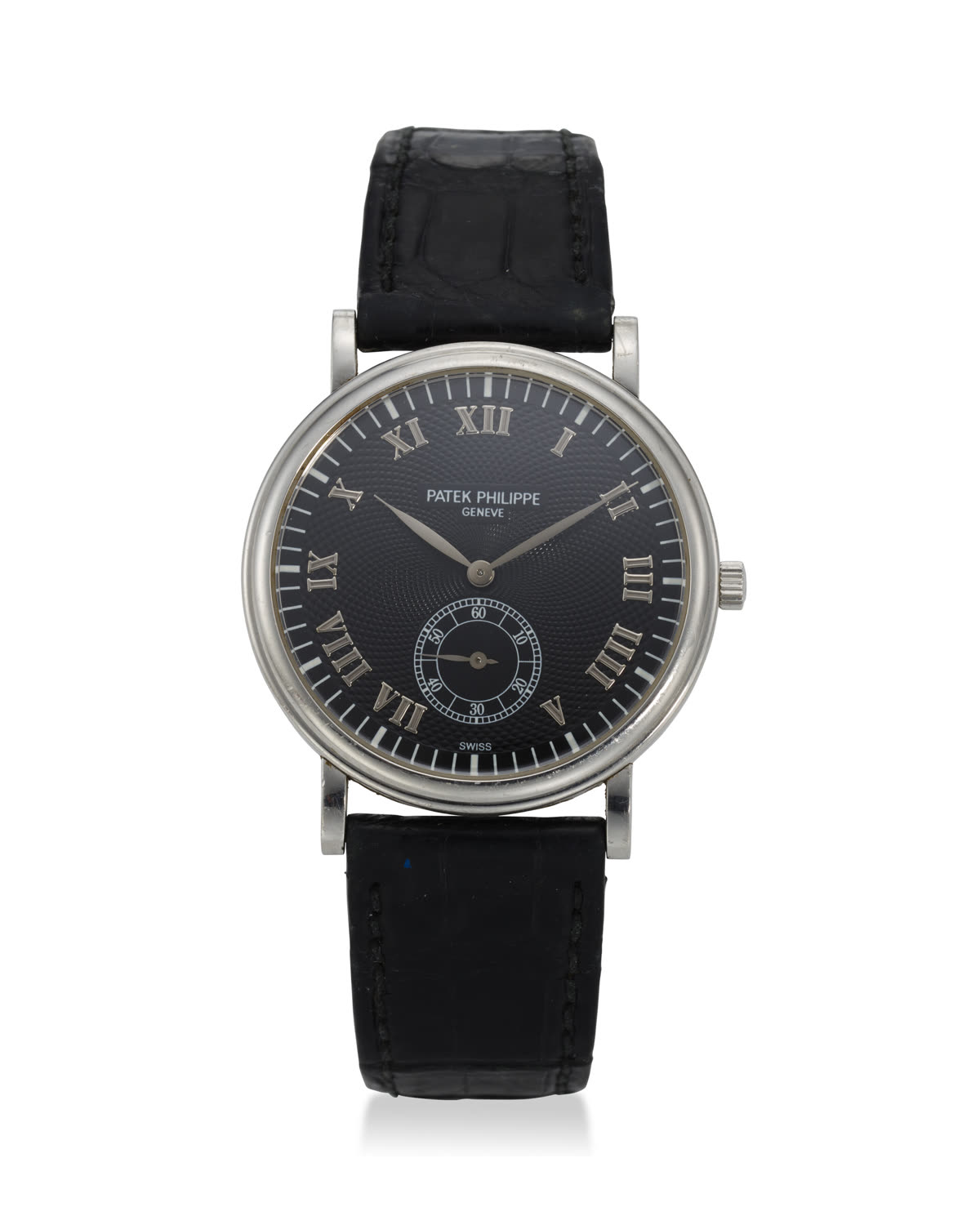 Patek Philippe Ref. 5022 platinum wristwatch with black guilloche dial on display strap