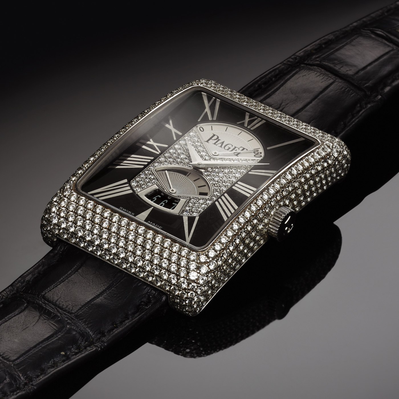 The Piaget Black Tie Rectangle A L'Ancienne, showcasing the pave-set diamond dial and retrograde display.