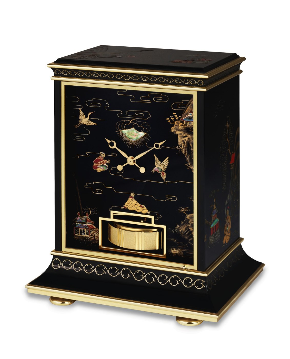 Jaeger-LeCoultre Atmos lacquer Chinoiserie clock showing the black lacquered panels with abalone shell inlay.