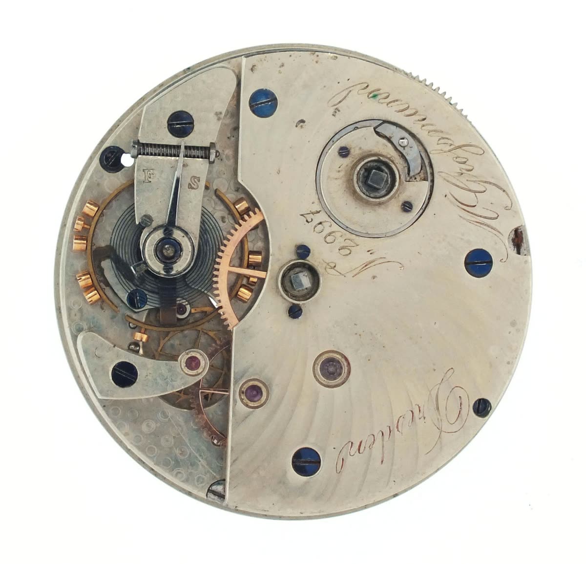 Back view of the nickel silver half-plate movement showing the balance cock, Grossmann regulator, Geneva stop work, and engraved script