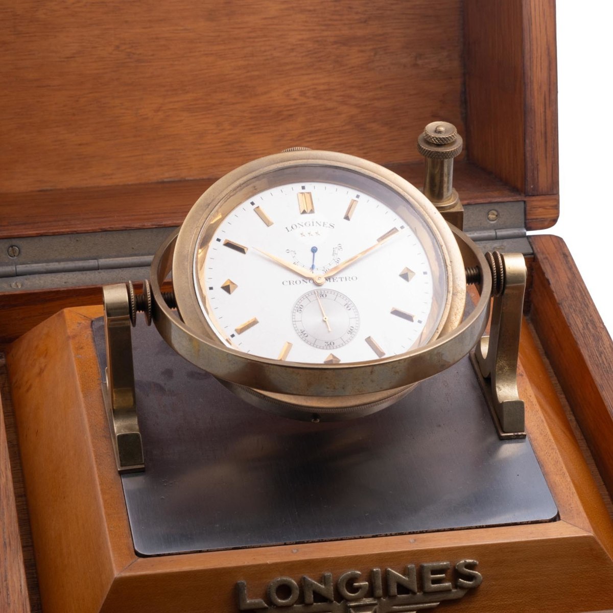 Longines gimballed marine chronometer fitted in a hardwood presentation box