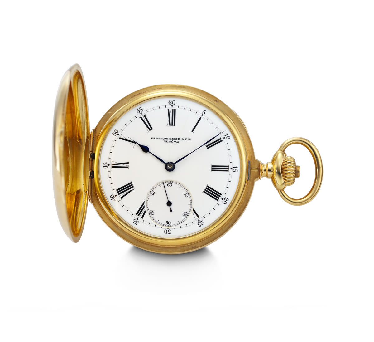 Patek Philippe yellow gold hunter case pocket watch with open front cover
