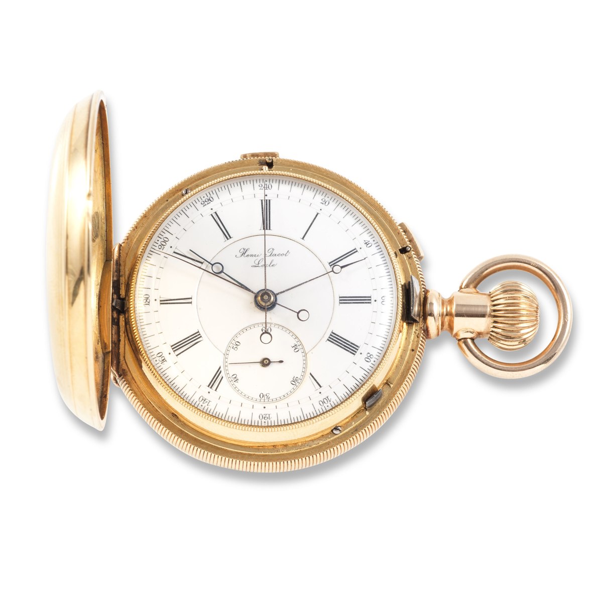 Dial and open front hunter case of the Henri Jacot 18K gold split-second chronograph pocket watch
