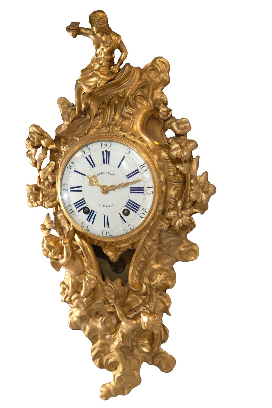Gilt bronze wall cartel clock, signed Regnault, mid-18th century.