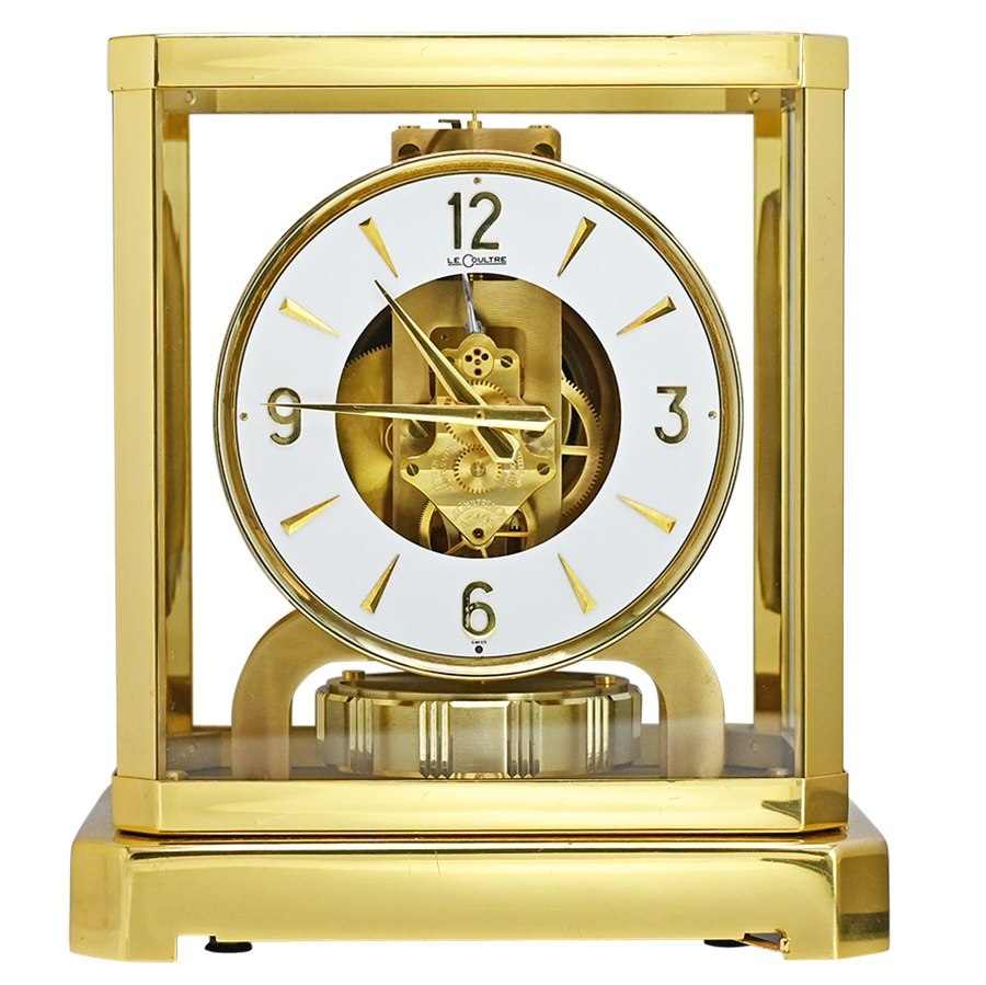 Frontal view of Jaeger-LeCoultre Atmos clock in gilt brass and glass case