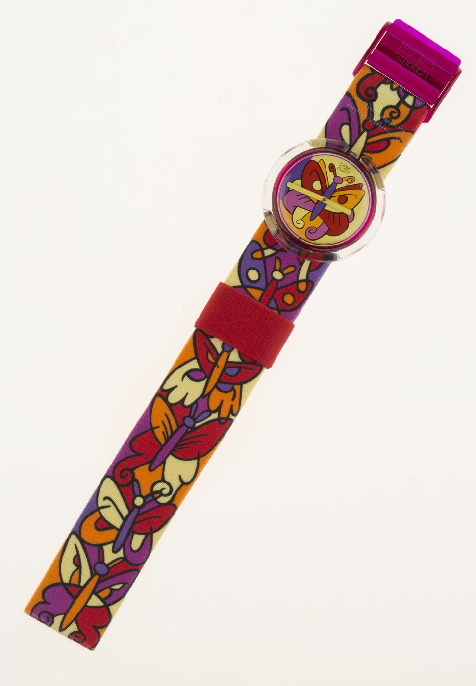 The 'Farfalla' Swatch wristwatch shown with its elasticized fabric strap and acrylic case.
