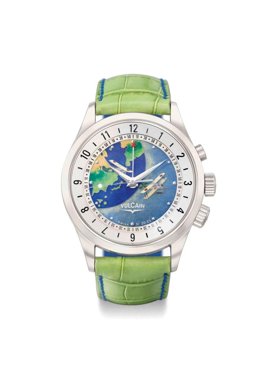 Front view of the Vulcain Aviator Dual-Time 'Tour du Monde' wristwatch with cloisonné enamel dial