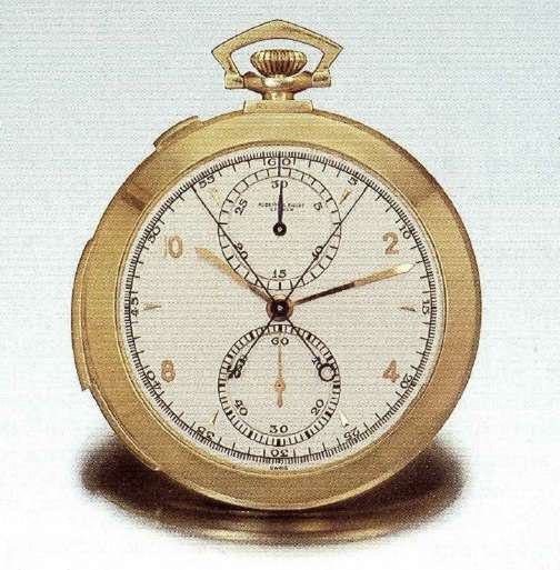 Front view of the 18K gold Audemars Piguet dress watch showing the silver satin dial, Arabic numerals, and subsidiary registers.