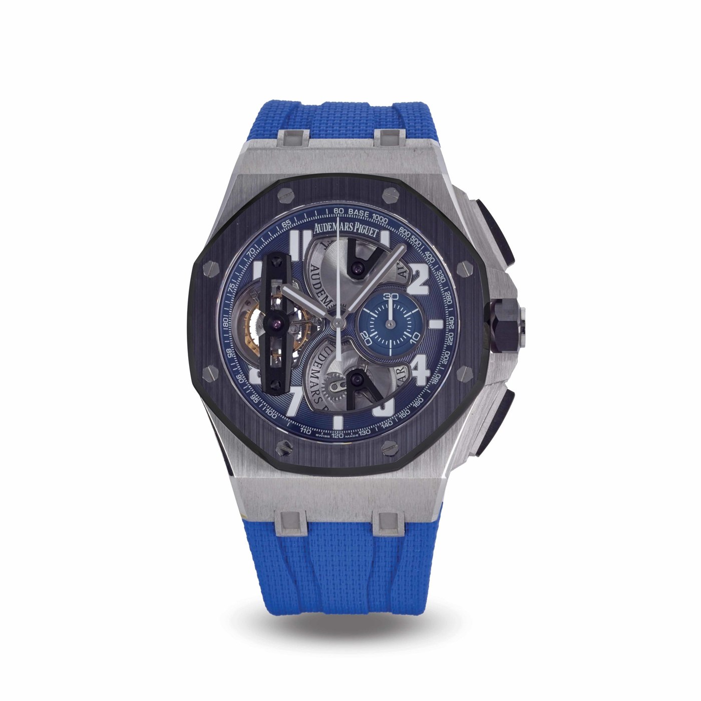 Front view of the Audemars Piguet Royal Oak Offshore Tourbillon Chronograph showing the blue dial, openwork tourbillon at 9 o'clock, and blue rubber strap.
