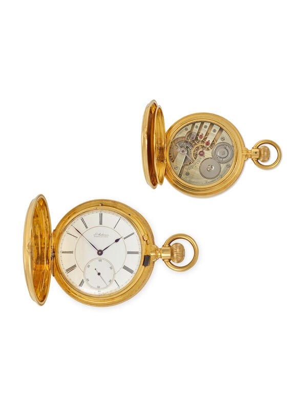 Dial and movement views of the Louis Audemars 18k gold hunter case pocket watch