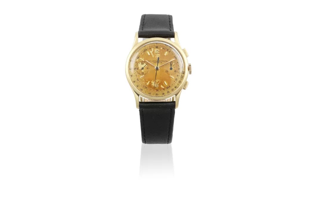 Front view of the Vacheron & Constantin Reference 4072 chronograph wristwatch on a black strap