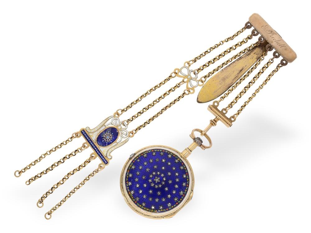 Front view of the 18th-century verge pocket watch and its associated gold and enamel chatelaine.