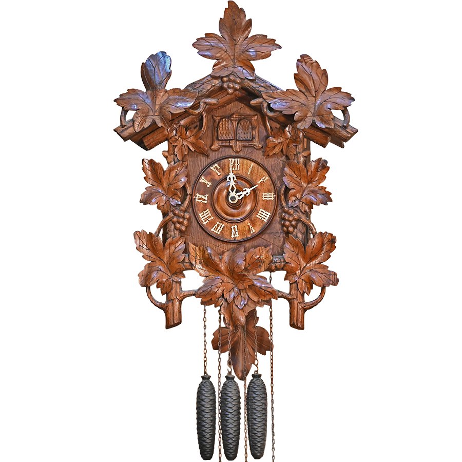 Front view of carved oak Black Forest cuckoo and quail clock with weights and pendulum