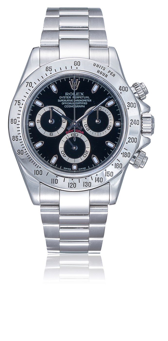 Rolex Oyster Perpetual Cosmograph Daytona Ref. 116520, showing the black dial, tachymetric bezel, and stainless steel case.