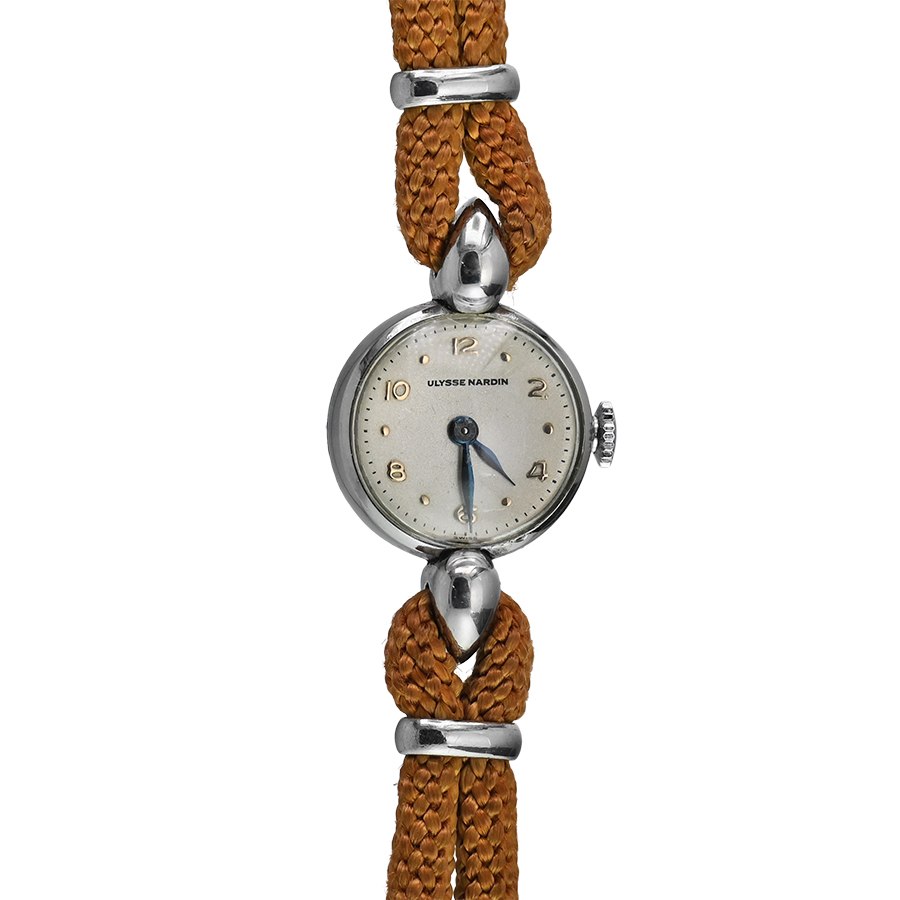 Front view of the Ulysse Nardin ladies' wristwatch on a brown cord band