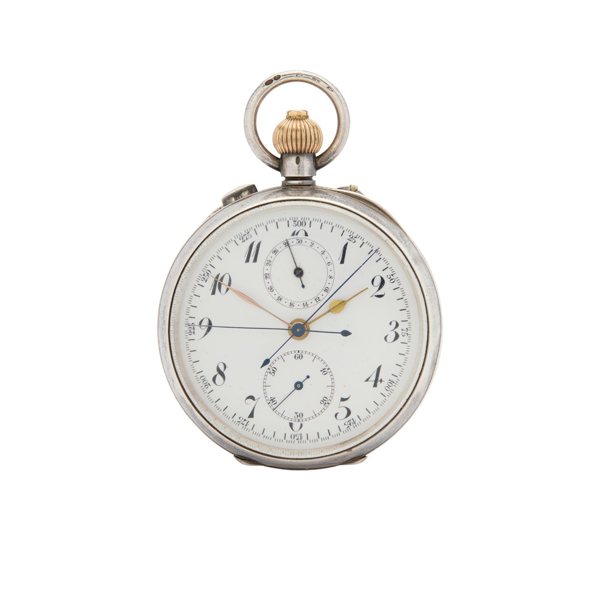 Front view of the silver split-second chronograph pocket watch dial and case