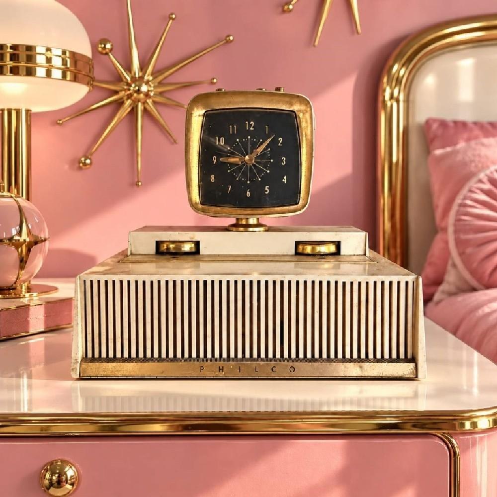 Front view of the Philco tabletop clock radio showing the clock housing atop the cabinet.
