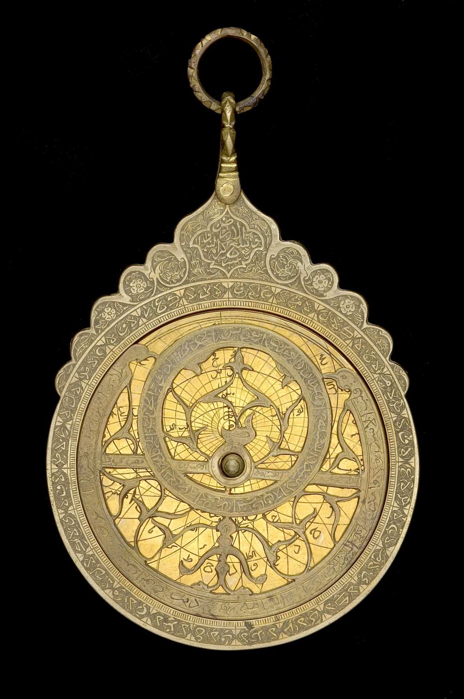 Full view of the astrolabe showing the rete, mater, and throne details.