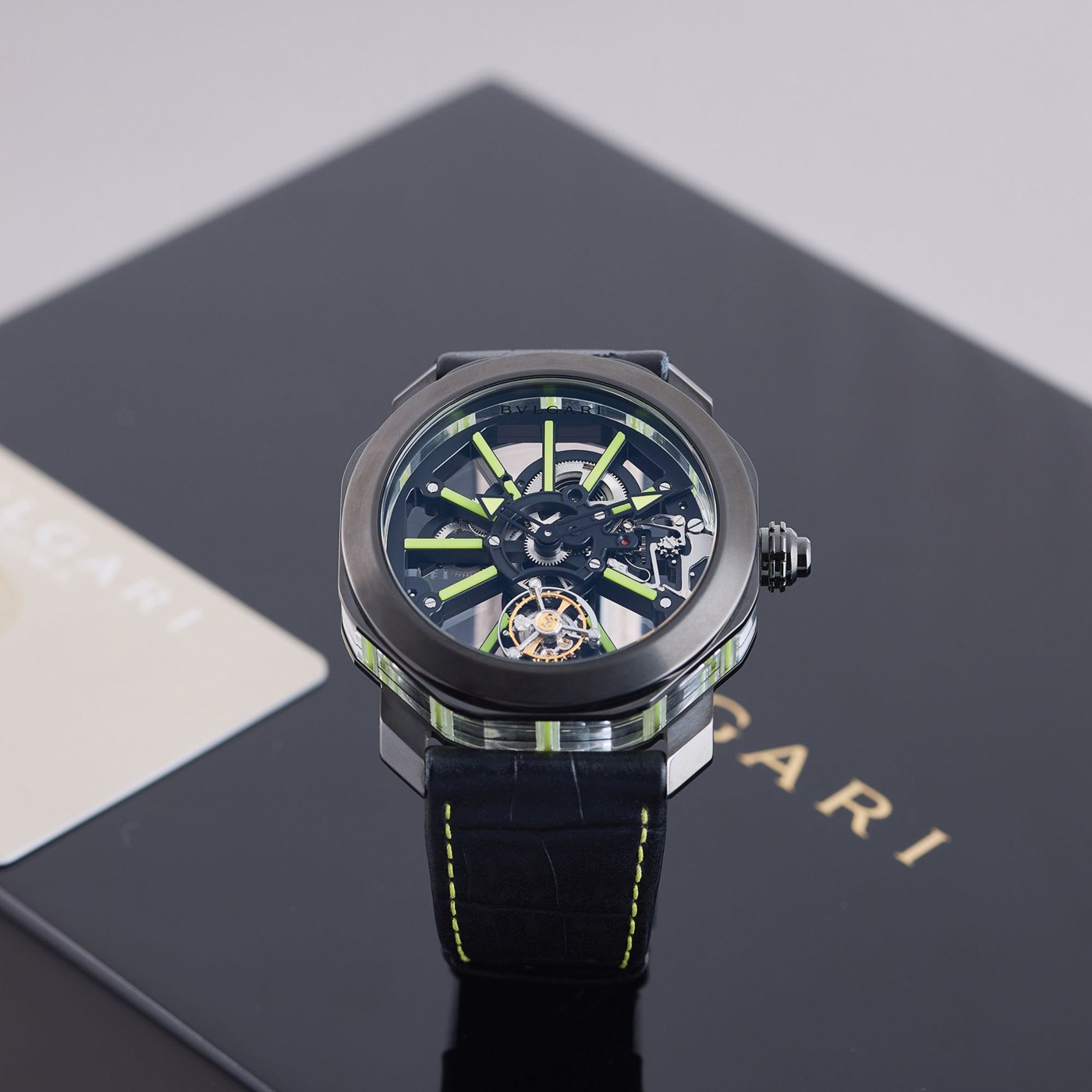 Front view of the Bvlgari Octo Roma Tourbillon Sapphire, showcasing the openworked dial and tourbillon.