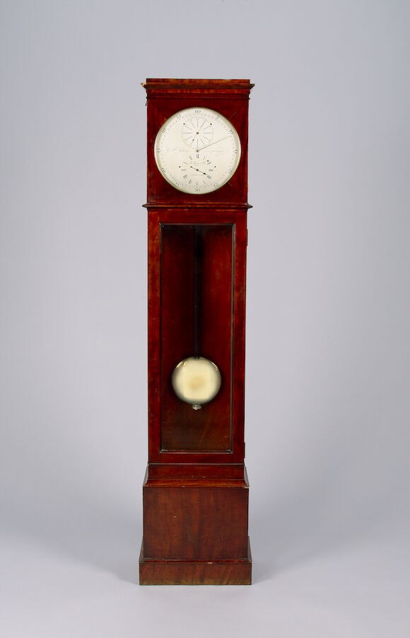 Full-length view of the mahogany floorstanding regulator clock