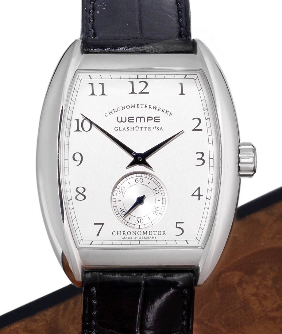 Front view of the Chronometer Wempe tonneau-shaped stainless steel wristwatch