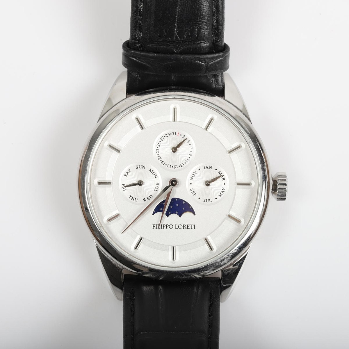 Front view of the Filippo Loreti Venice Moonphase wristwatch dial, case, and strap