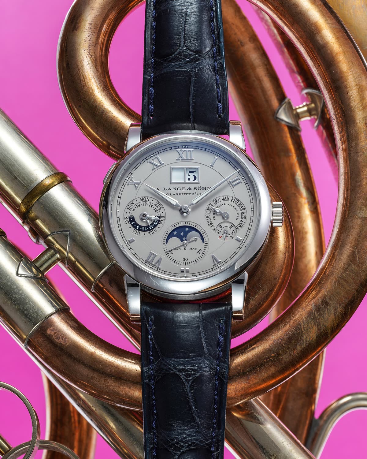 Dial and case front of the A. Lange & Söhne Langematik Perpetual ref. 310.025 in platinum