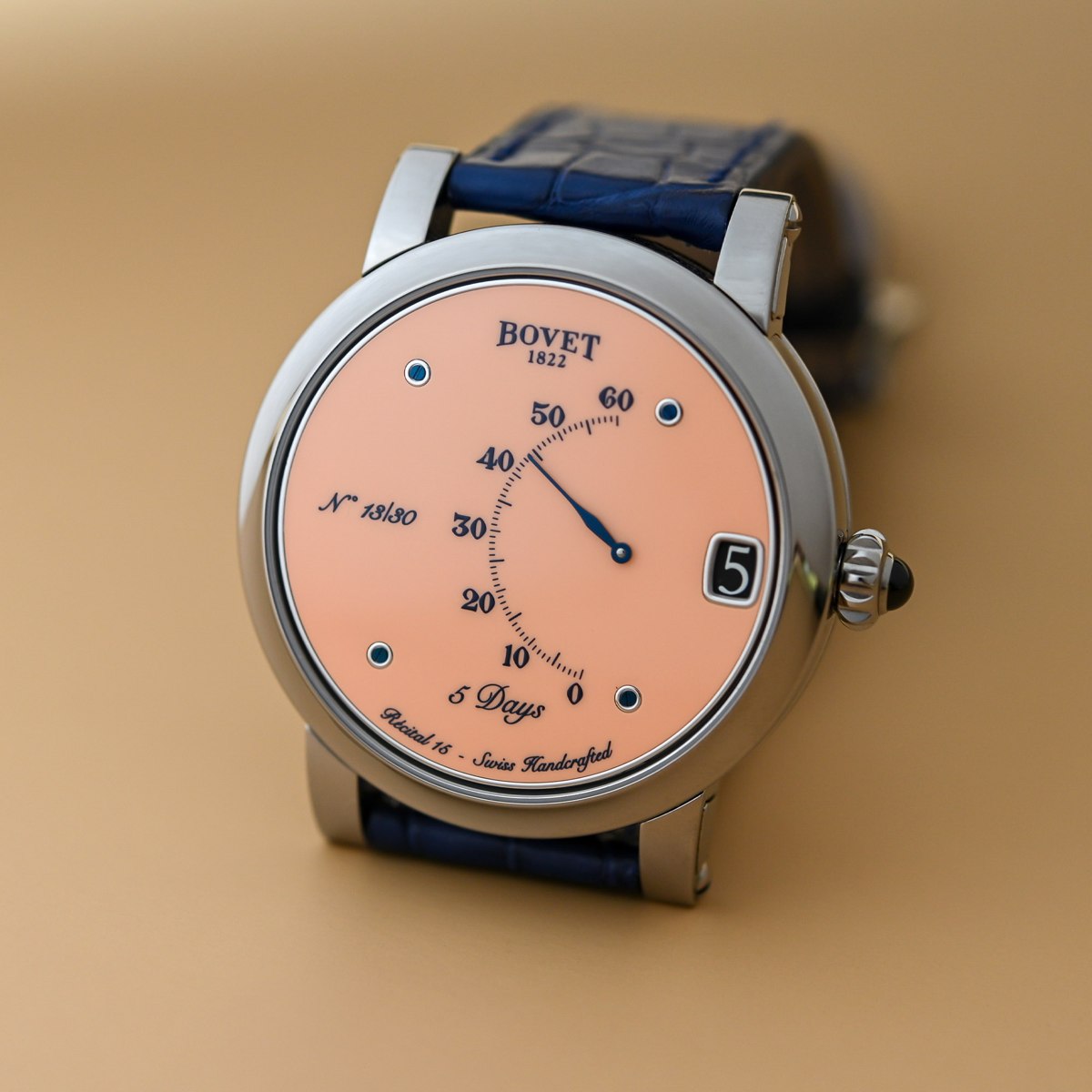 Dial view of the Bovet Dimier Récital 15 salmon dial limited edition numbered 13/30