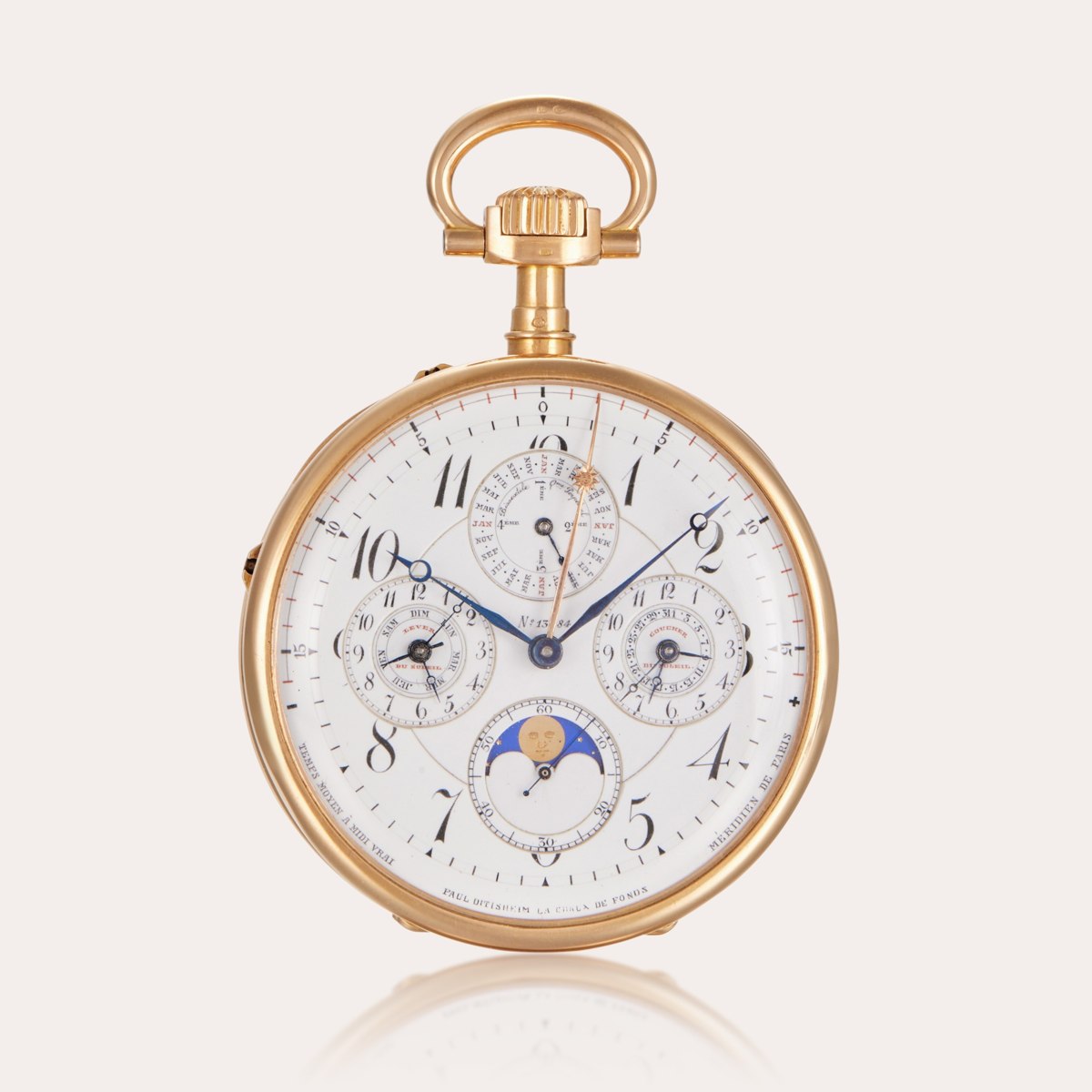 Dial view of Paul Ditisheim astronomical pocket watch No. 13784 showing perpetual calendar, equation of time, and astronomical indications