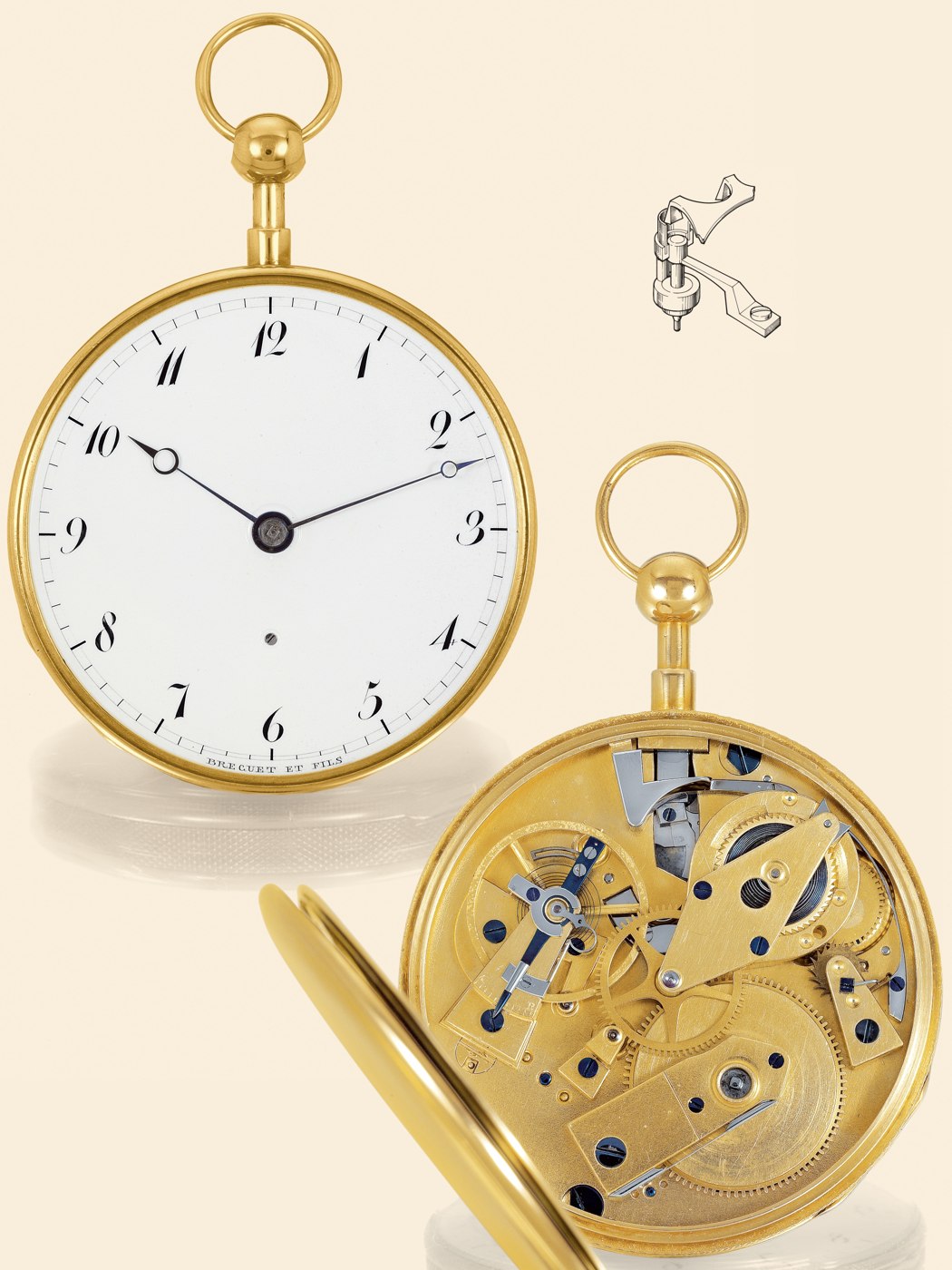 Front view of the enamel dial and movement assembly, showing the repeating mechanism and balance wheel