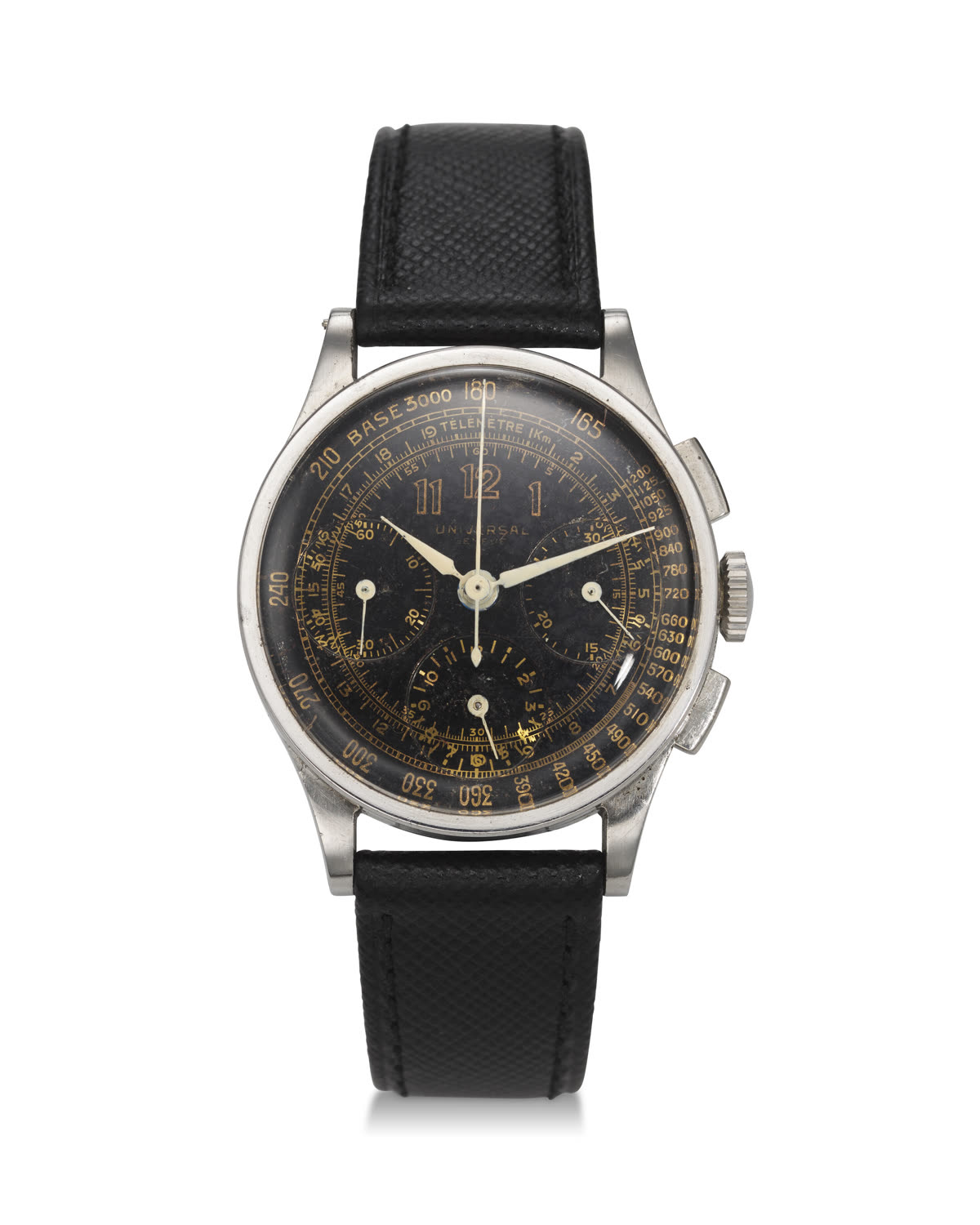 Front view of the Universal Genève steel chronograph wristwatch on a black strap