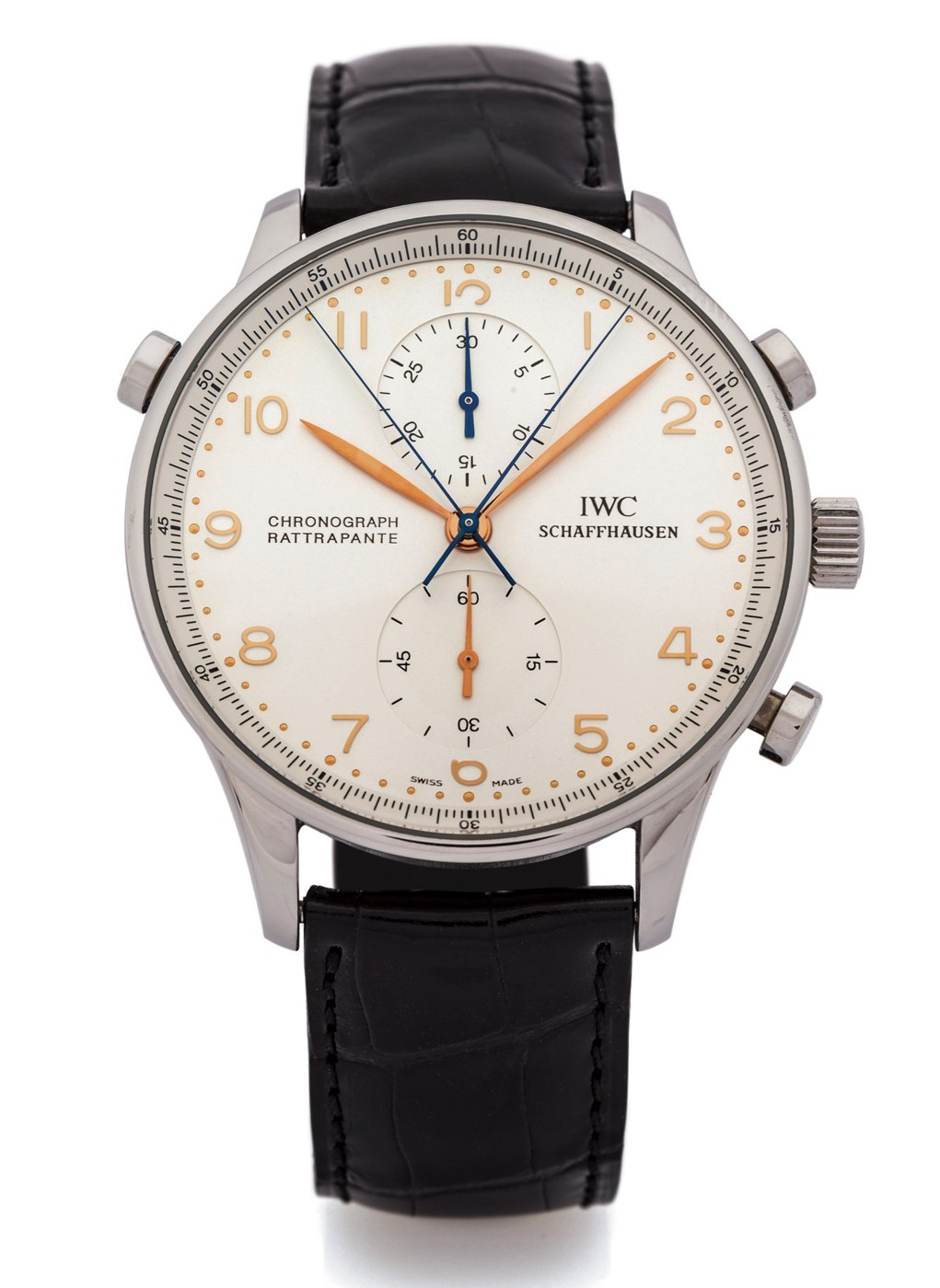 The stainless steel IWC Portuguese Chronographe Rattrapante, reference 3712, showing the silver dial, pink gold numerals, and the split-seconds chronograph pusher.