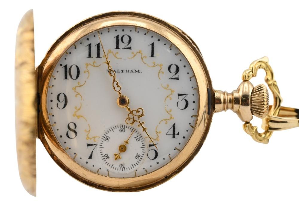 Dial and open front hunter case of the Waltham pocket watch