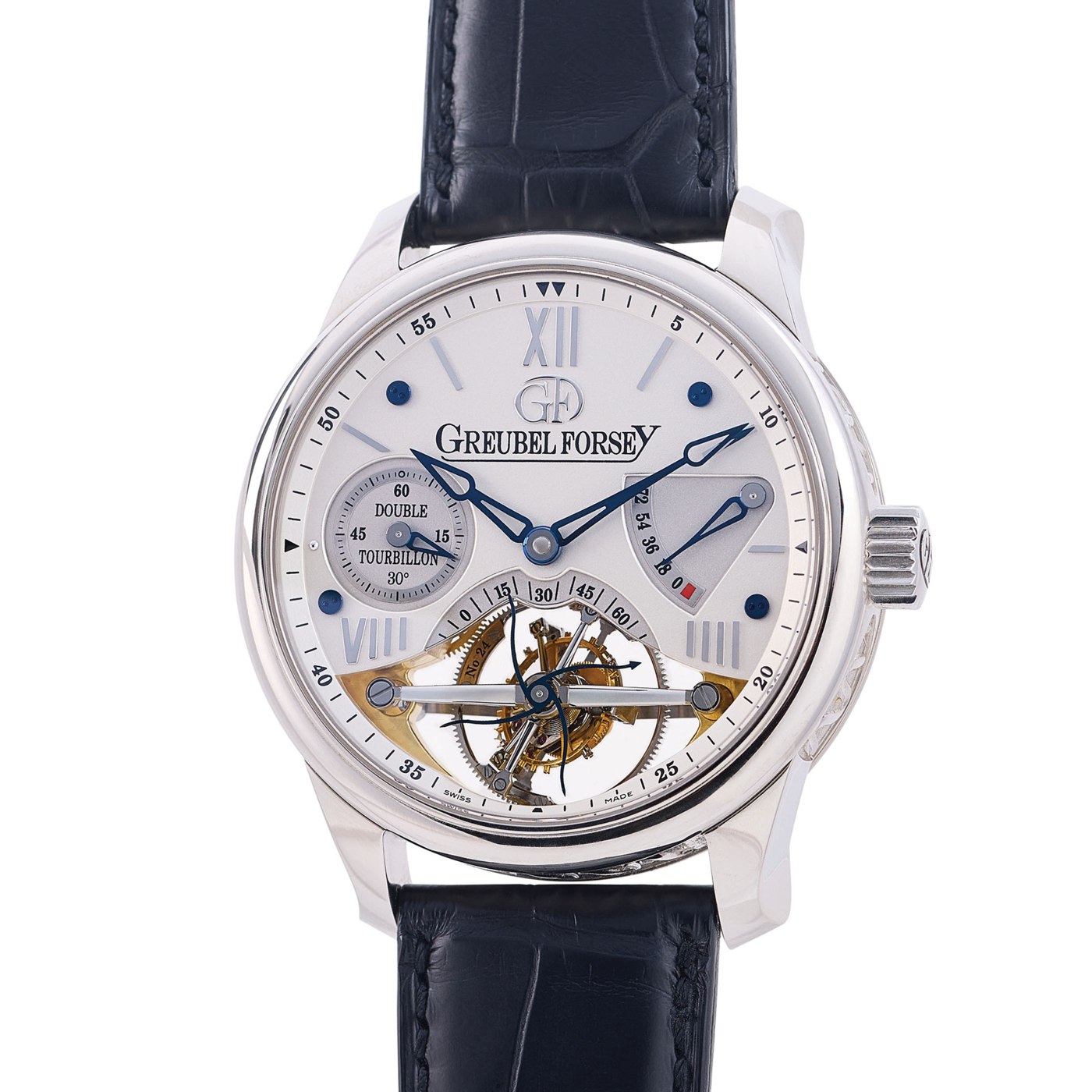 Front view of the Greubel Forsey Double Tourbillon 30° showing the dial layout and tourbillon aperture.