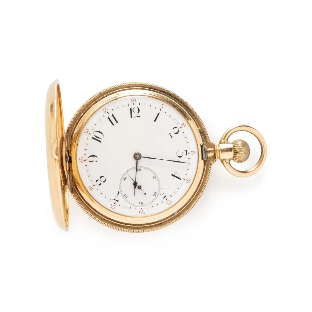 Dial and open hunting case of J.E. Caldwell & Co. 18K yellow gold pocket watch