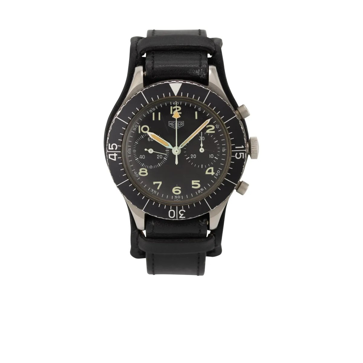 Front view of Heuer Bundeswehr chronograph ref. 1550 SG on black strap