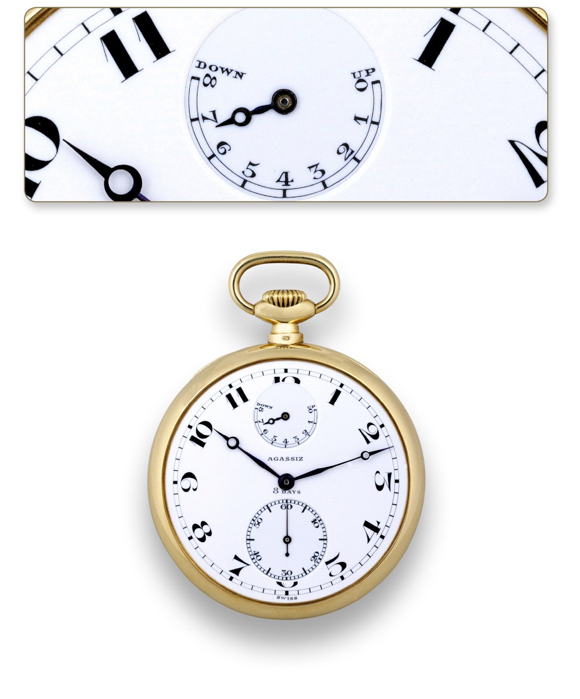 Front view of the 18K gold 8-day pocket watch showing the dial, power reserve indicator, and hands.