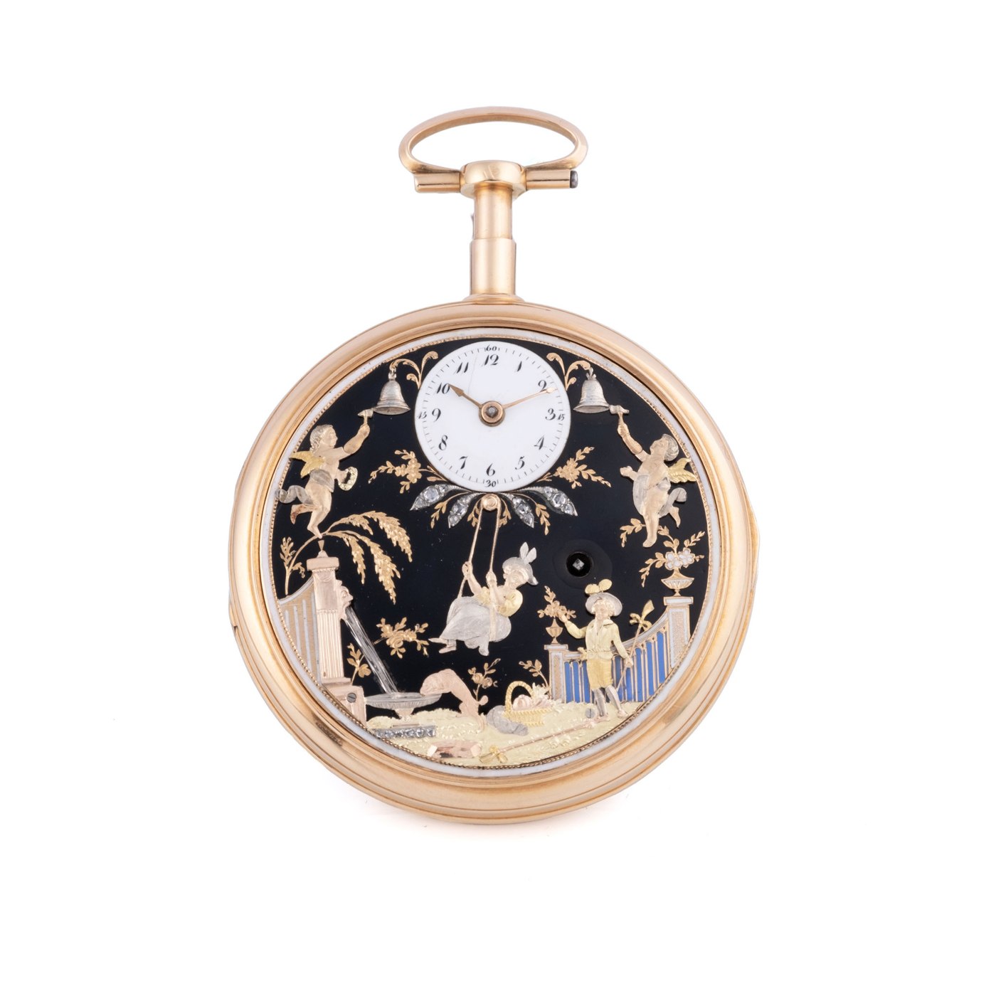 View of the watch dial showing the automaton scene with the girl on the swing, Cupids, and the eccentric time dial.