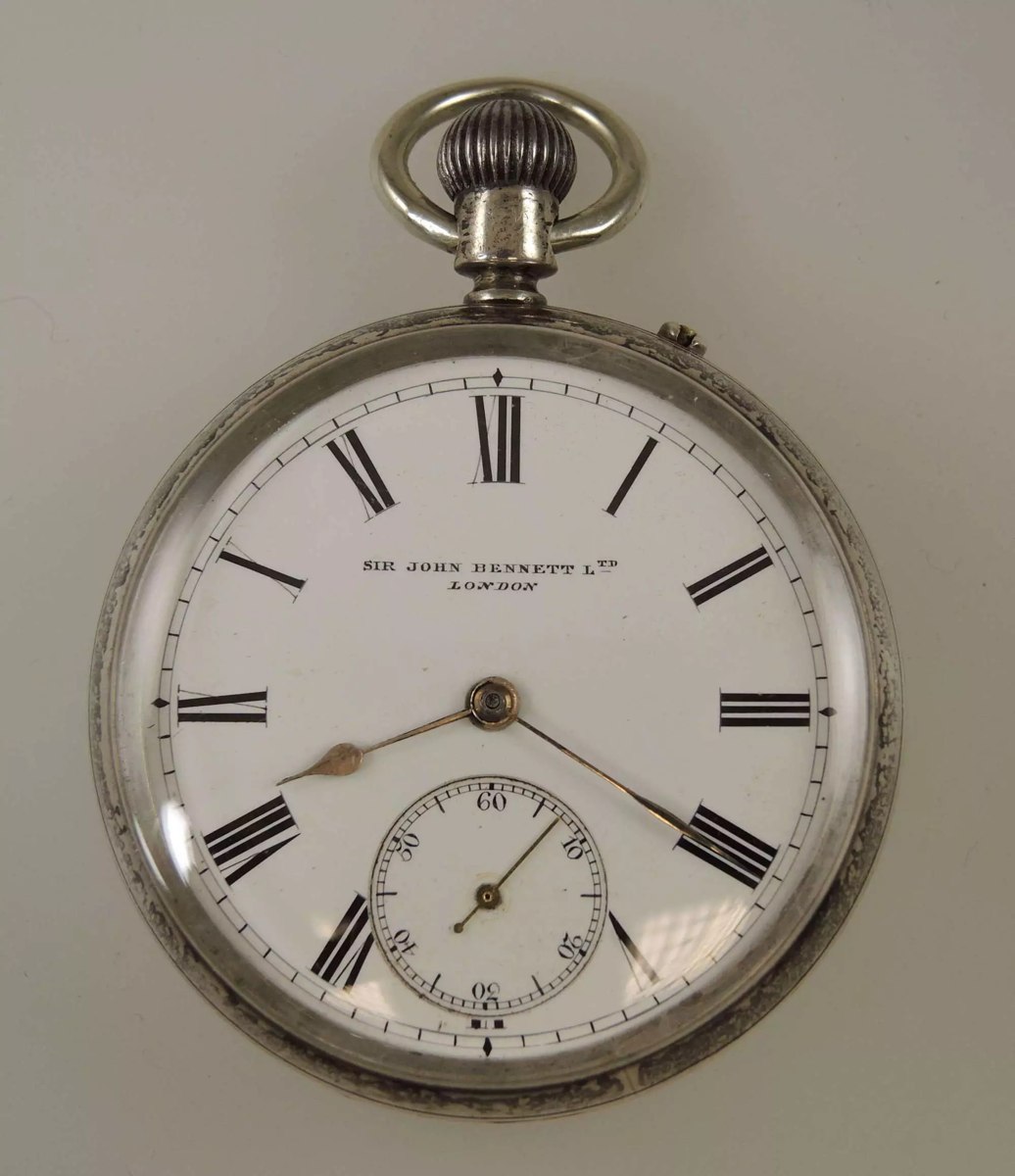Dial view of the Sir John Bennett silver pocket watch, London hallmarks dated 1894