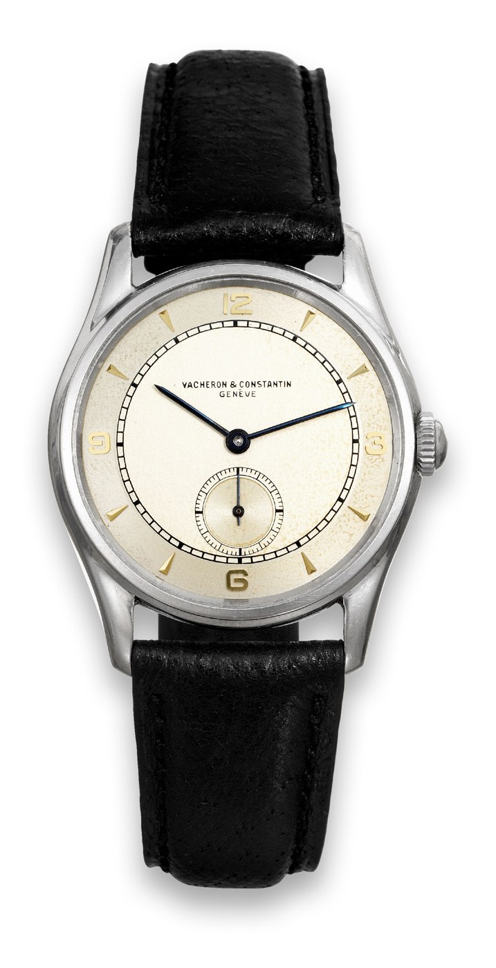 Front view of the Vacheron & Constantin stainless steel wristwatch with two-tone dial and subsidiary seconds.