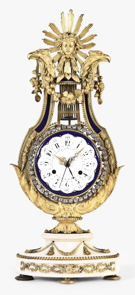 French late 18th-century lyre form mystery mantel clock on marble base
