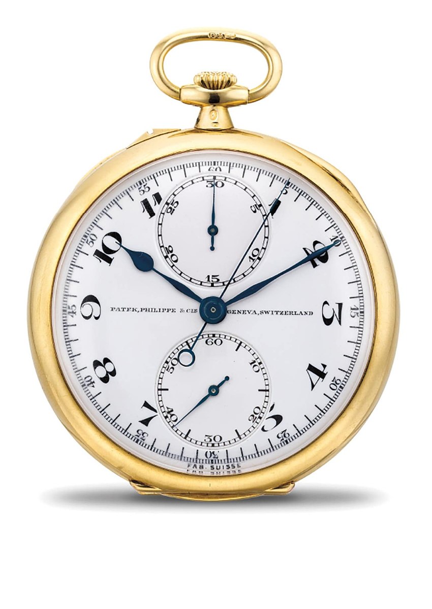 Patek Philippe 18k yellow gold open face chronograph pocket watch with white enamel dial