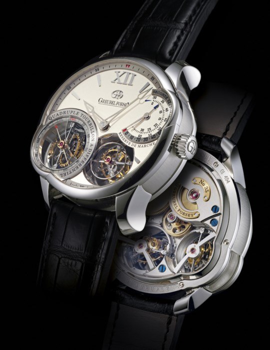 Greubel Forsey Quadruple Tourbillon in platinum, No. 35, showing both dial side and sapphire display back